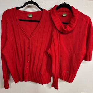Geiger Wool Vibrant Red V-Neck/Turtleneck Sweater Set - Sz 50 L/XL EUC